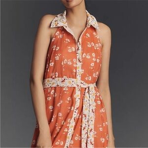 NWT Maeve Anthropologie Open Back Halter Dress Maxi Lined New Cotton Floral Sz S